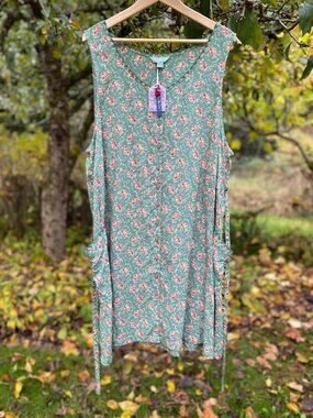 April Cornell Cornwall Pinafore Dress Patch Pockets XL Dusty Green Rose Floral